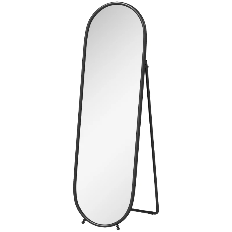 HOMCOM Grand miroir sur pied, miroir ovale, cadre en métal noir, avec support pour entrée, chambre, dressing, 40 x 160 cm