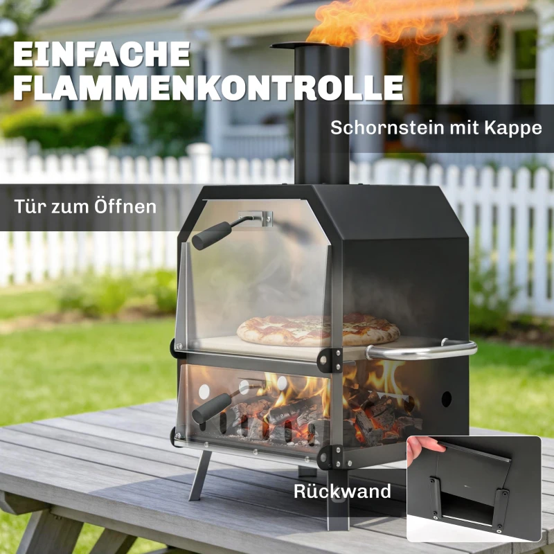 Outsunny Outdoor Pizzaofen Holzbefeuerter Pizza Ofen Edelstahl 2 Ebene Backofen mit 1cm dick Pizzastein Klappbein