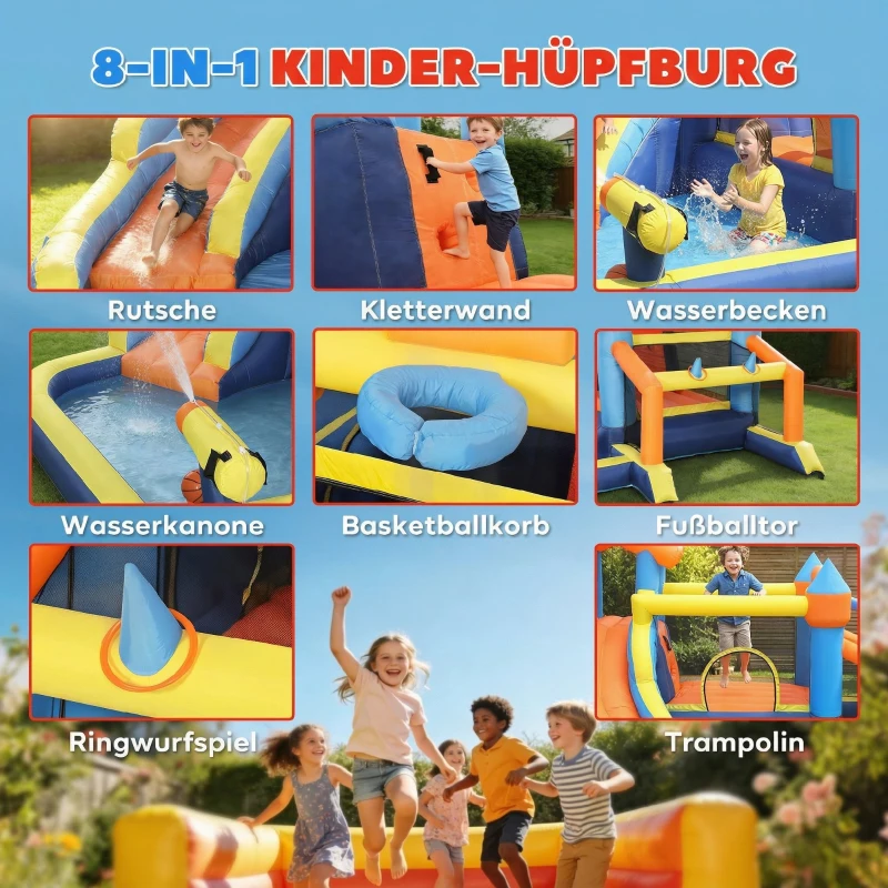 AIYAPLAY 8-in-1 Hüpfburg mit Gebläse Rutsche Planschbecken Trampolin Kletterwand für Indoor Outdoor 350x325x210cm Mehrfarbig