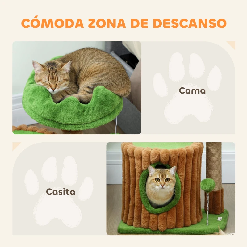 PawHut Árbol Rascador para Gatos 53 cm Diseño de Tronco con Casita Cama Poste de Yute Bolas Marrón y Verde