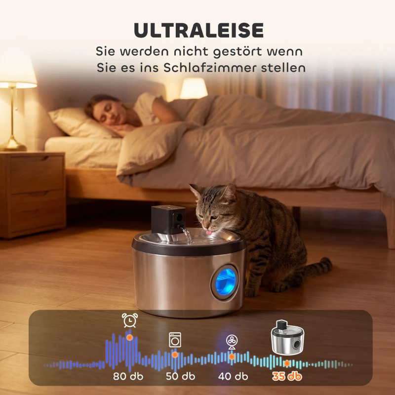 PawHut Katzenbrunnen 4L Kabellos Edelstahl Trinkbrunnen mit Bewegungsmelder 6 Filtern zweifaches Filtersystem LED Silber