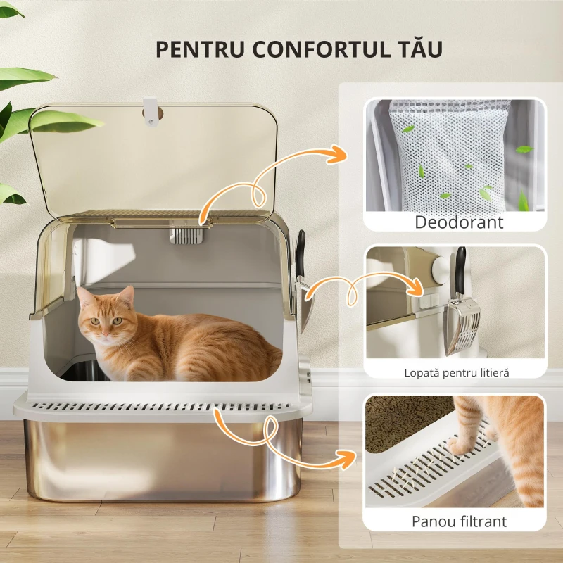 PawHut Litieră pentru Pisici XXL din Oțel Inoxidabil cu Capac Rabatabil la 90° Gri