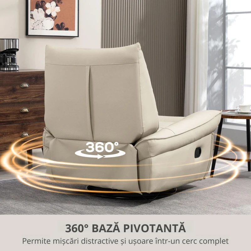 HOMCOM Fotoliu Relax Reclinabil Manual cu Suport pentru Picioare și Bază Rotativă Fără Brațe, Crem