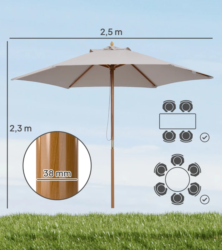 Outsunny Parasol droit parasol de jardin rond grande taille de jardin Ø 2,5 x 2,3H m bois de bambou gris