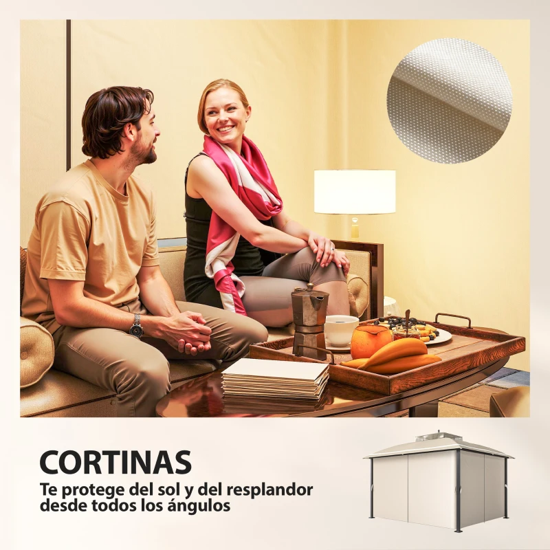 Outsunny Carpa para Jardín con Techo Doble Cenador con Mosquiteras y Cortinas para Exterior Terraza 370x303x290 cm Beige
