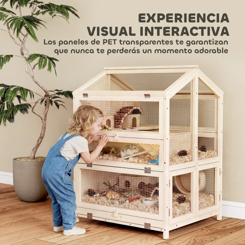 PawHut Jaula para Hámster de Madera de 3 Niveles con Bebederos Casetas Balancines Bandeja Extraíble y Tapas Abatibles Natural