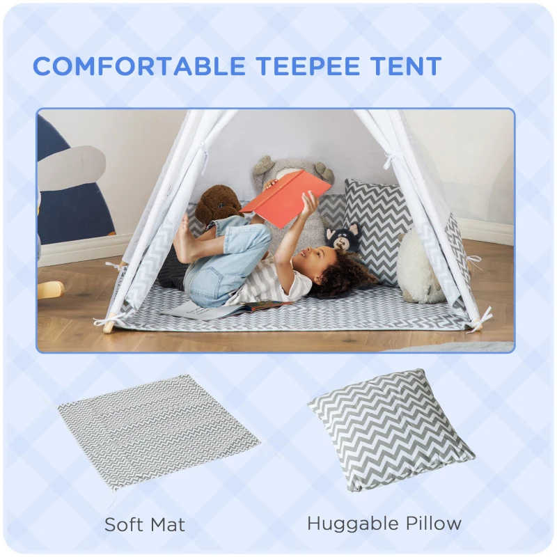 HOMCOM Indian Teepee Play Tent for Children Graphic Style - dim. 1.2L x 1.2I x 1.55H m - Closable Door Window Mat Cushion Carry Bag Included - Indoor and Outdoor Gray White
