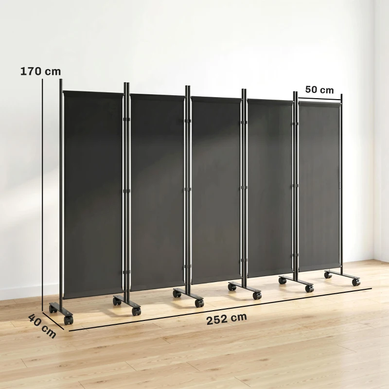 Outsunny Despărțitor decorativ interior cu 5 panouri din oțel, cu 12 roți și cleme de conectare, Negru