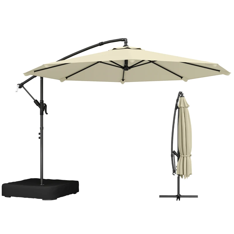Outsunny 3 m Garden Cantilever Parasol with Cross Base, Sandbag, 360° Rotating Overhanging Banana Umbrella, Beige
