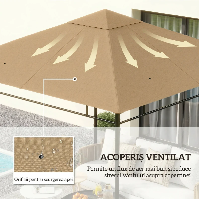 Outsunny Acoperiș de rezervă pentru pavilion 3x3m din poliester cu orificii de ventilație și găuri pentru drenaj, bej