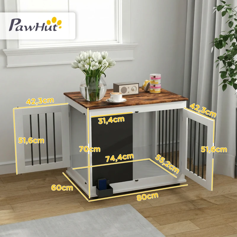 PawHut Cage pour chien cage chien intérieur avec 2 portes tableau noir pour chiens taille moyenne 20 kg 80 x 60 x 70 cm blanc