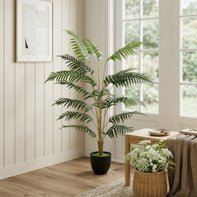 HOMCOM Artificial Fern Topiary Tree, Realistic Artificial Plant in Cement Pot, Fake Plant, 120cm