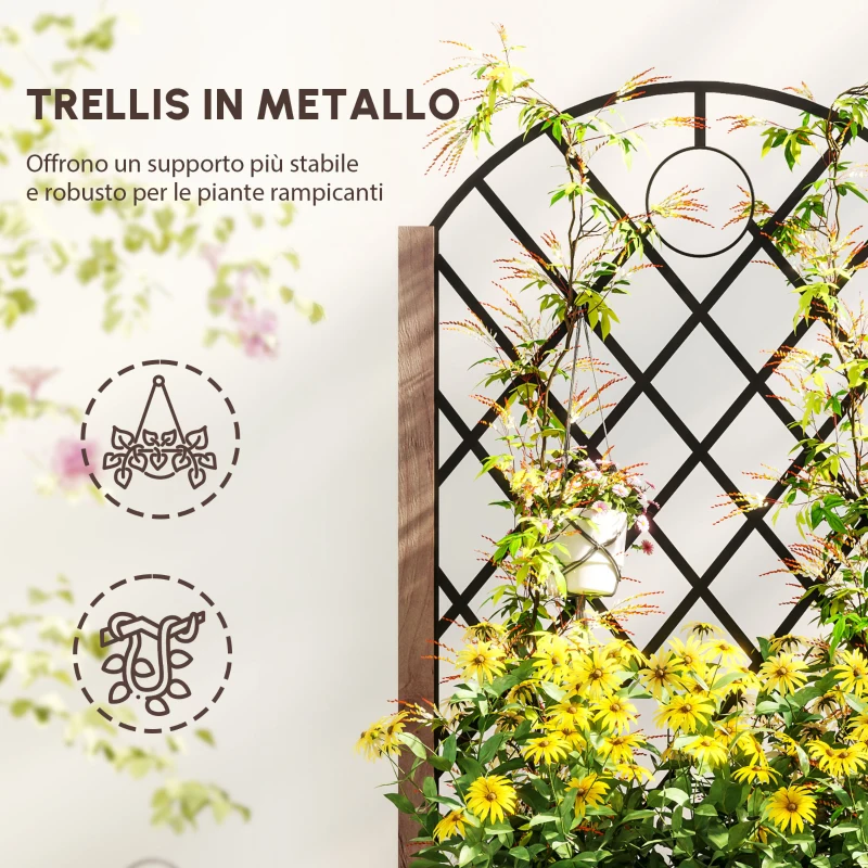 Outsunny Set da 2 Letti Rialzati con Ruote, Griglia di Supporto, Fioriera a Traliccio in Legno 152x25x97cm Marrone