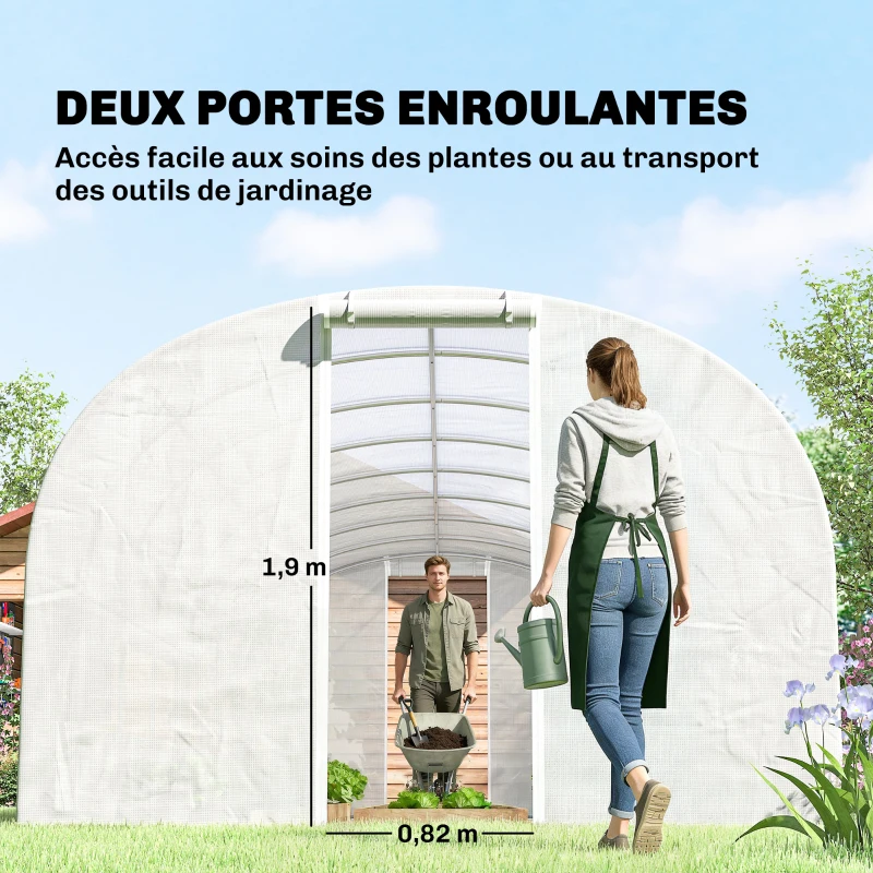 Outsunny Serre tunnel de jardin 24m², serre de jardin tunnel avec cadre en acier galvanisé, portes et 2 grandes fenêtres, blanc