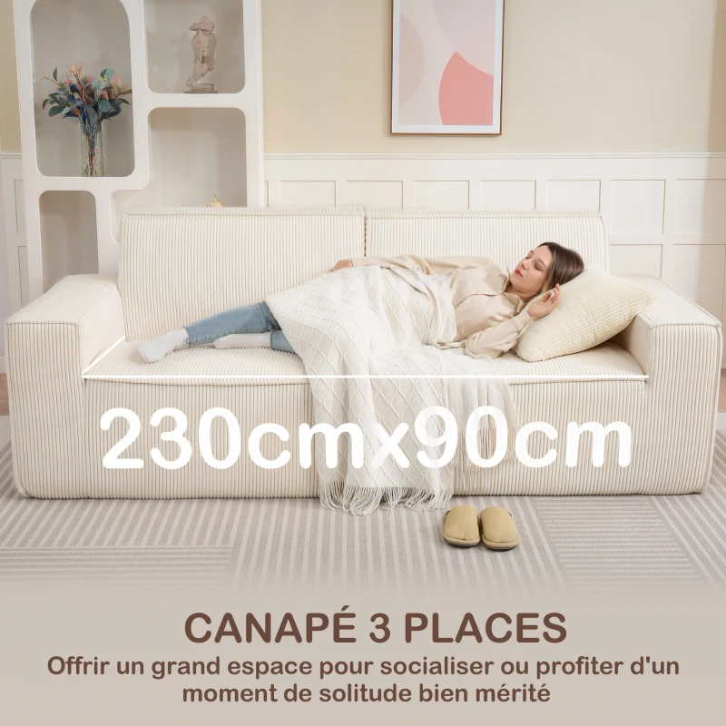 HOMCOM Canapé 3 places en velours côtelé 230 cm, canapé moderne, pas de montage nécessaire, beige