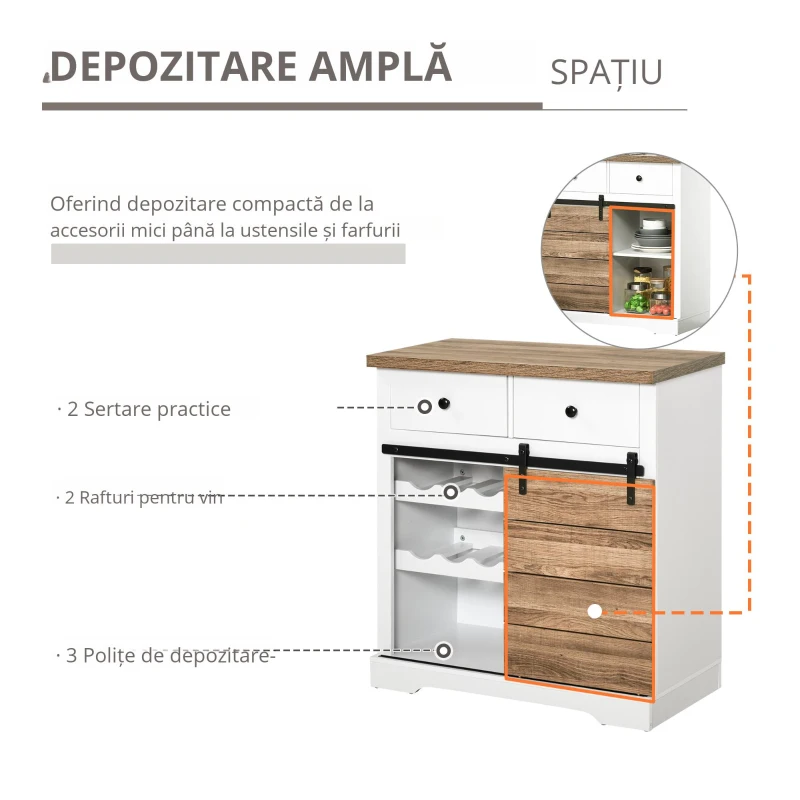 HOMCOM Dulap de Bucătărie Rustic cu 2 Sertare, Rafturi Deschise și Suport pentru Sticle, din Lemn și Metal, 80x39x86 cm