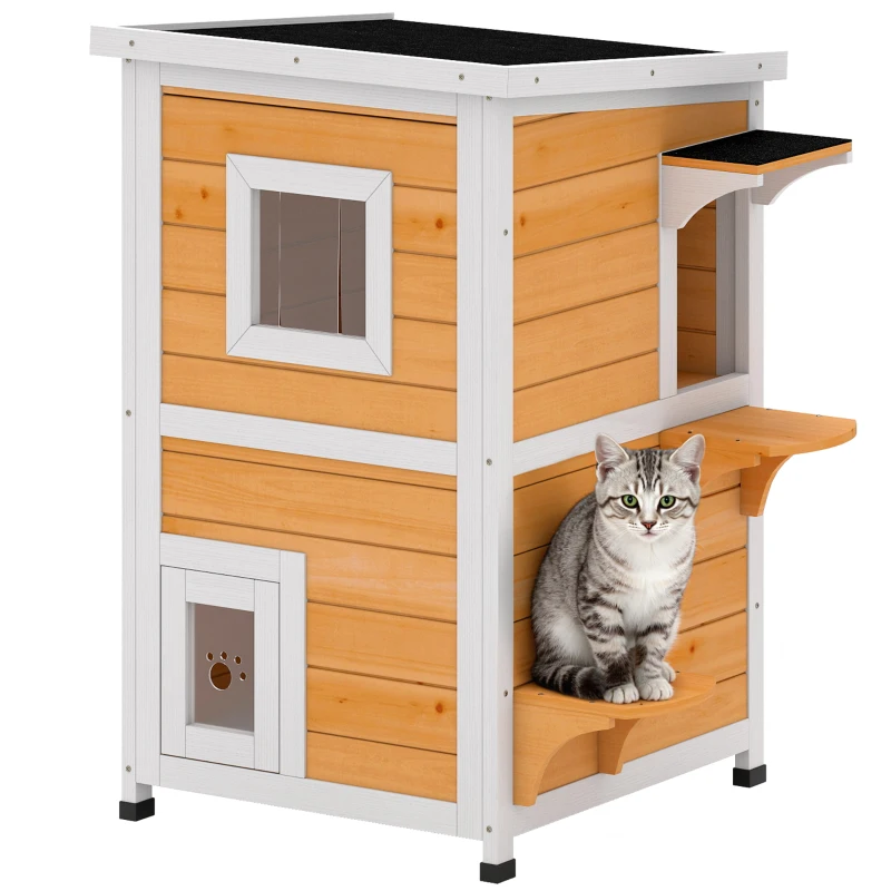 PawHut Caseta para Gatos de Madera Exterior de 2 Niveles con Techo Abatible Panel Central Extraíble 51x51x81,3 cm Natural