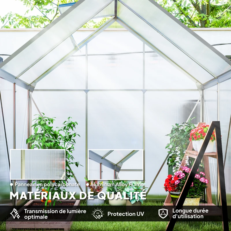 Outsunny Serre de jardin en aluminium polycarbonate avec fondation, serre avec fenêtre réglable porte coulissante 192,5x131x200cm