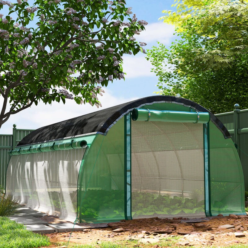 Outsunny Serra a Tunnel 6 x 3 x 2 m con Rete Parasole, Pareti Laterali Arrotolabili, Copertura in Plastica, Struttura in Acciaio, Verde