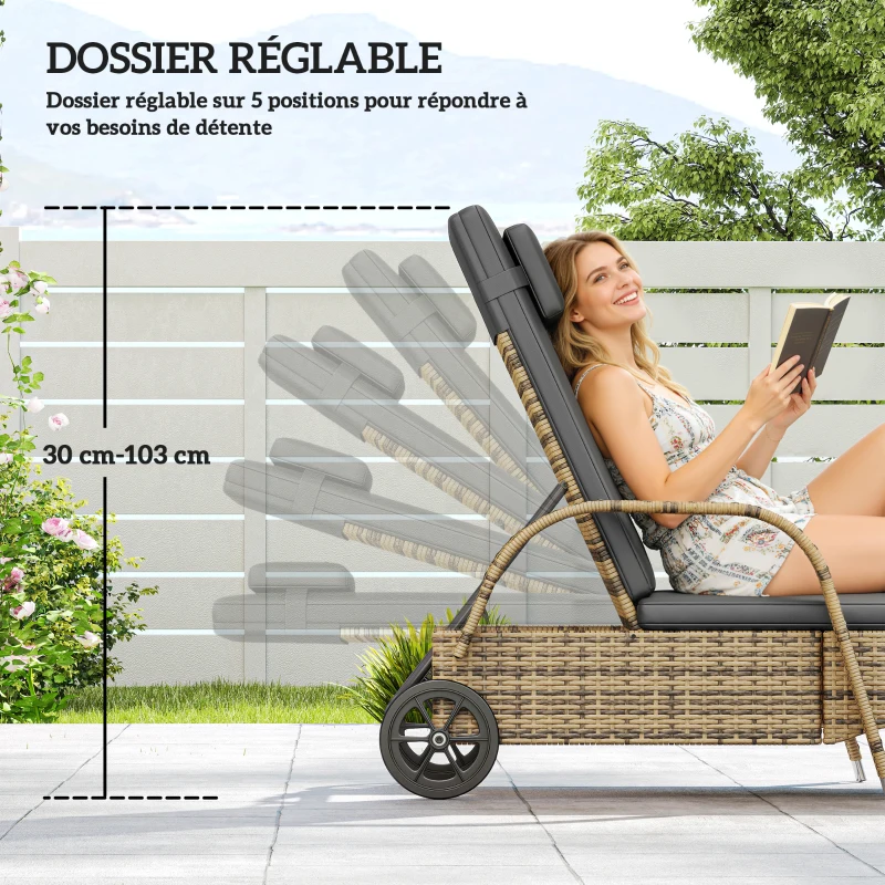 Outsunny Transat bain de soleil matelas inclinaison réglable multipositions accoudoirs roulettes 200 x 73 x 30-103 cm jaune