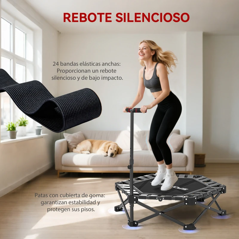 SPORTNOW Trampolín de Fitness Plegable 104 cm con Barra Ajustable en 3 Alturas Marco Metálico Reforzado y Bolsa 104x104x114 cm
