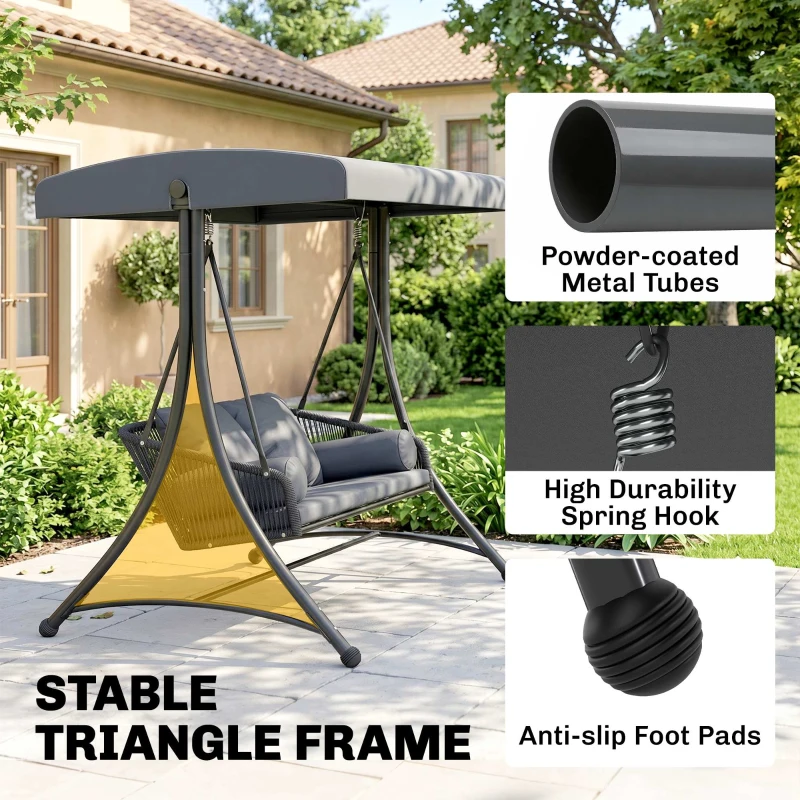 Outsunny Hollywoodschommel Rotan 2-persoons Tuinschommel met Verstelbaar Zonnedak en zachte kussens A-frame Donkergrijs