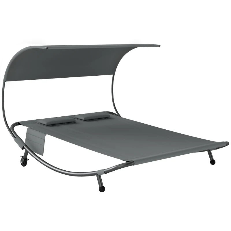 Outsunny Lettino Prendisole Doppio con Baldacchino Rimovibile, Ruote, Cuscini e Tasche, Grigio