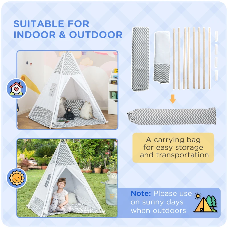 HOMCOM Indian Teepee Play Tent for Children Graphic Style - dim. 1.2L x 1.2I x 1.55H m - Closable Door Window Mat Cushion Carry Bag Included - Indoor and Outdoor Gray White
