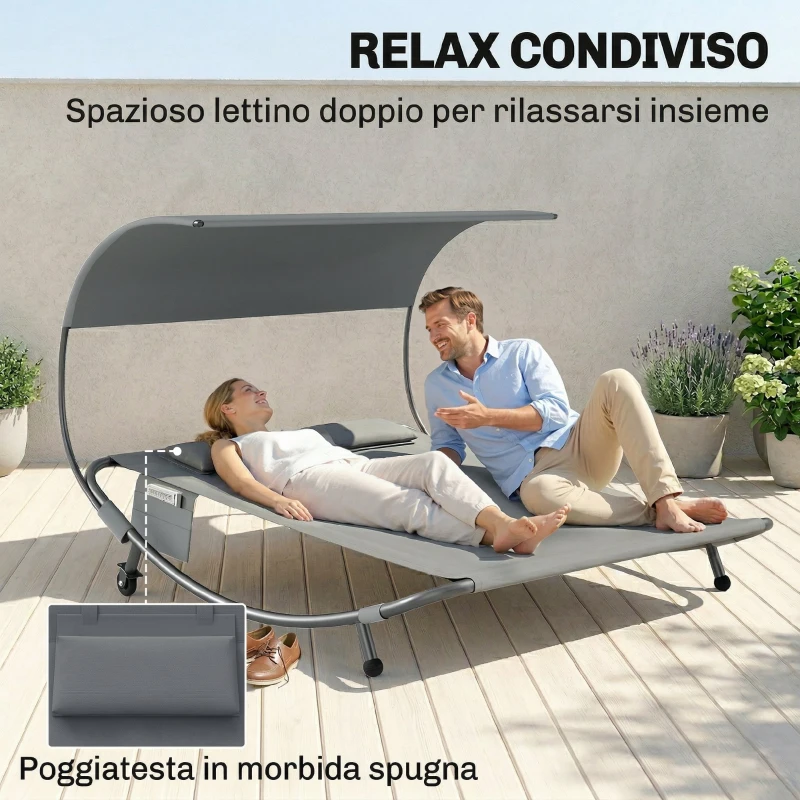 Outsunny Lettino Prendisole Doppio con Baldacchino Rimovibile, Ruote, Cuscini e Tasche, Grigio