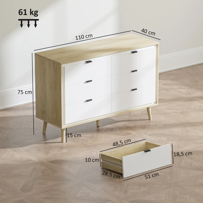 HOMCOM Cómoda 6 Cajones Cómoda Dormitorio con Patas de Madera Estilo Moderno 110x40x75 cm Blanco Brillo y Roble