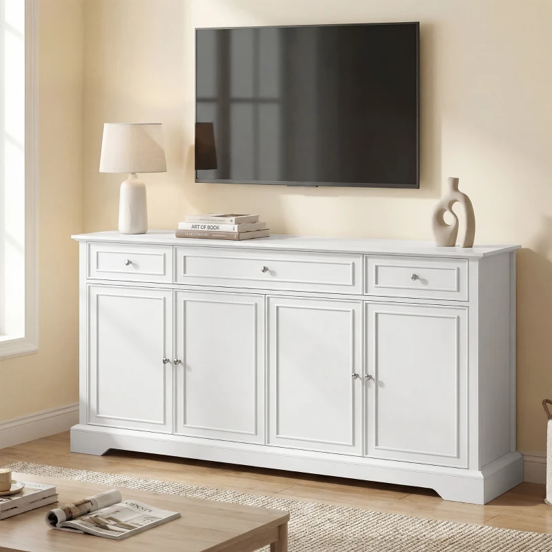 HOMCOM Buffet salon, meuble de rangement avec 3 tiroirs, 4 portes à fermeture douce et étagères réglables, blanc