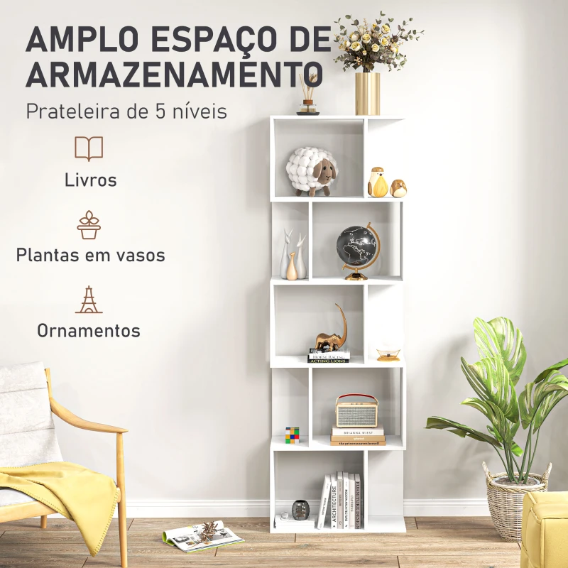 HOMCOM Estante de 5 Níveis em Forma de S com 10 Prateleiras para Quarto Escritório Sala 60x24x184,5 cm Branco