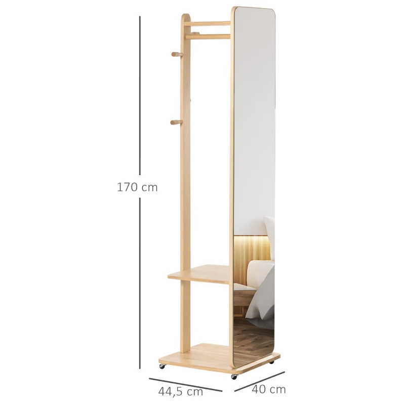 HOMCOM Specchio A Terra Con Ruote - Appendiabiti, 4 Ganci Ripiano MDF Effetto Legno Chiaro