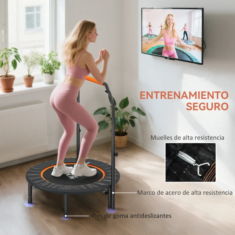 HOMCOM Cama Elástica Plegable Ø102 cm con Mango Ajustable Marco de Acero para Entrenamiento Piernas Cuerpo Negro y Naranja