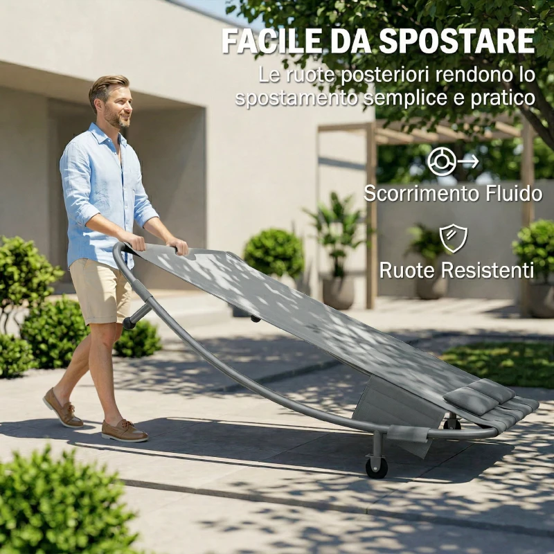Outsunny Lettino Prendisole Doppio con Baldacchino Rimovibile, Ruote, Cuscini e Tasche, Grigio