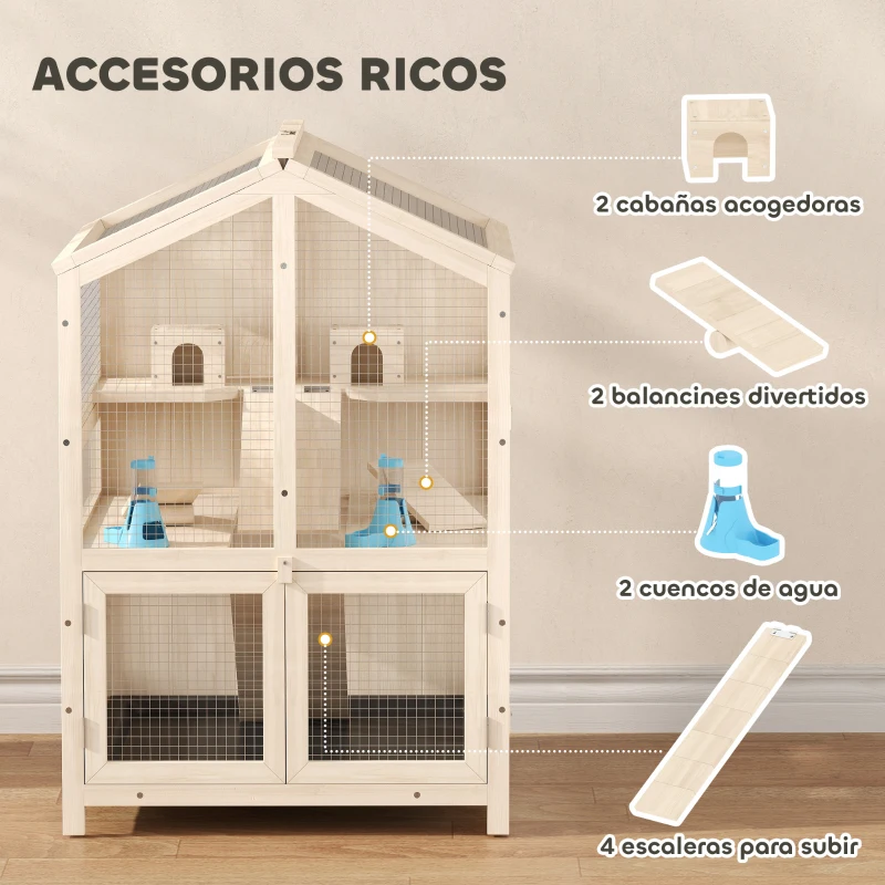 PawHut Jaula para Hámster de Madera de 3 Niveles con Bebederos Casetas Balancines Bandeja Extraíble y Tapas Abatibles Natural