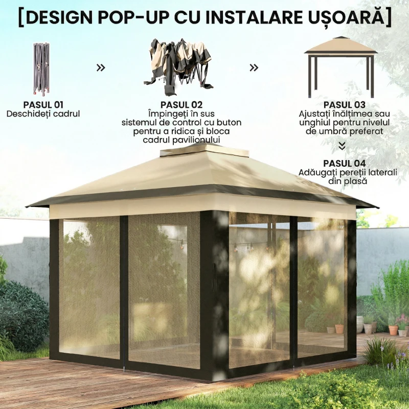Outsunny Faltpavillon, Gartenpavillon, Metall und Stoffplane, Netzvorhänge, Entwässerungslöcher, 330L x 330B x 288H cm, Beige