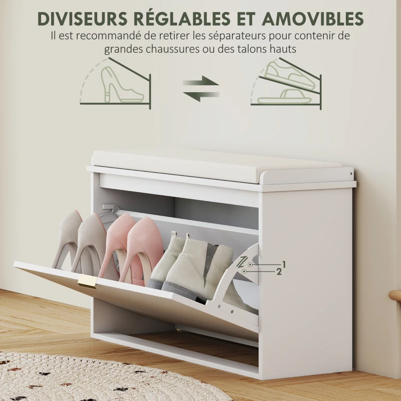 HOMCOM Banc à chaussures avec coussin d'assise rembourré et tiroir rabattable pour couloir, chambre, 80 x 26 x 47,5 cm, blanc