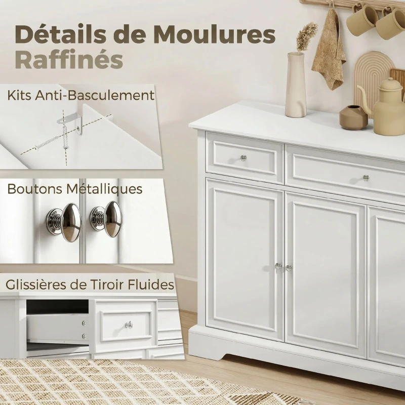 HOMCOM Buffet salon, meuble de rangement avec 3 tiroirs, 4 portes à fermeture douce et étagères réglables, blanc