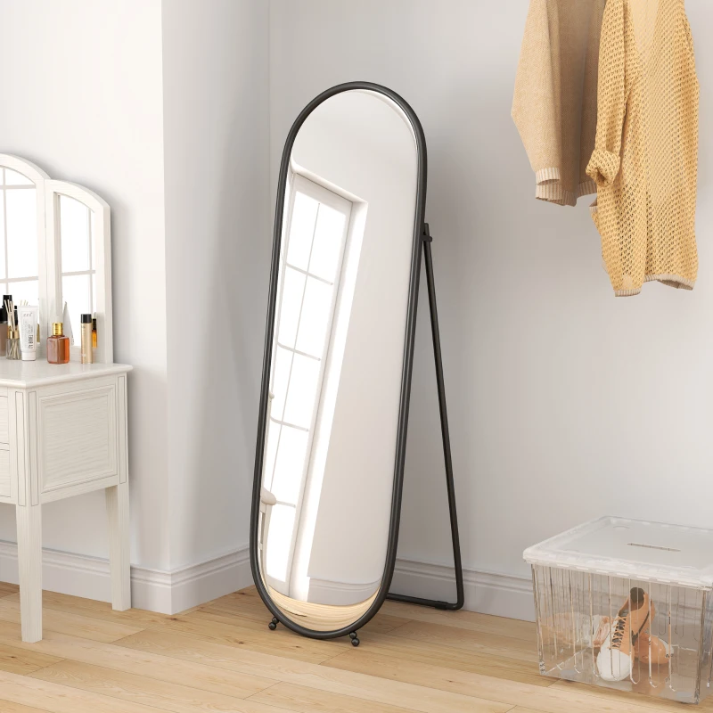 HOMCOM Grand miroir sur pied, miroir ovale, cadre en métal noir, avec support pour entrée, chambre, dressing, 40 x 160 cm