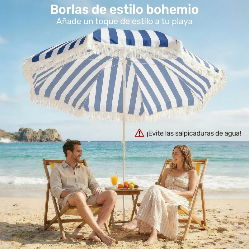 Outsunny Sombrilla de Playa con Flecos Ø180 cm Sombrilla de Terraza Exterior con Altura Ajustable Inclinación 30° Azul y Blanco