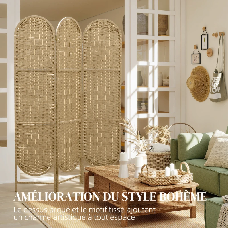 HOMCOM Paravent interieur ovale 3 panneaux 120 x 170 cm séparateur de pièce pliable, léger et tissé, bois naturel