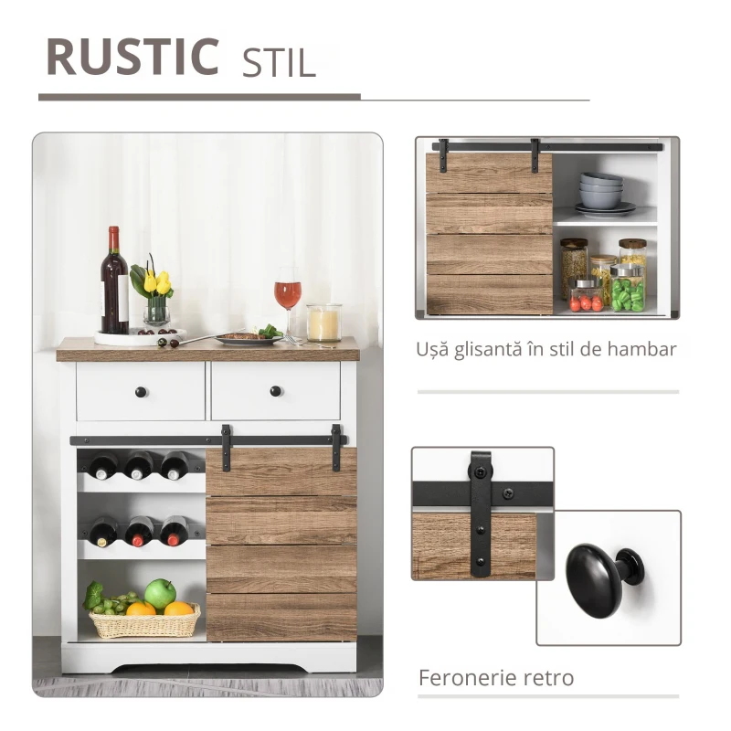 HOMCOM Dulap de Bucătărie Rustic cu 2 Sertare, Rafturi Deschise și Suport pentru Sticle, din Lemn și Metal, 80x39x86 cm