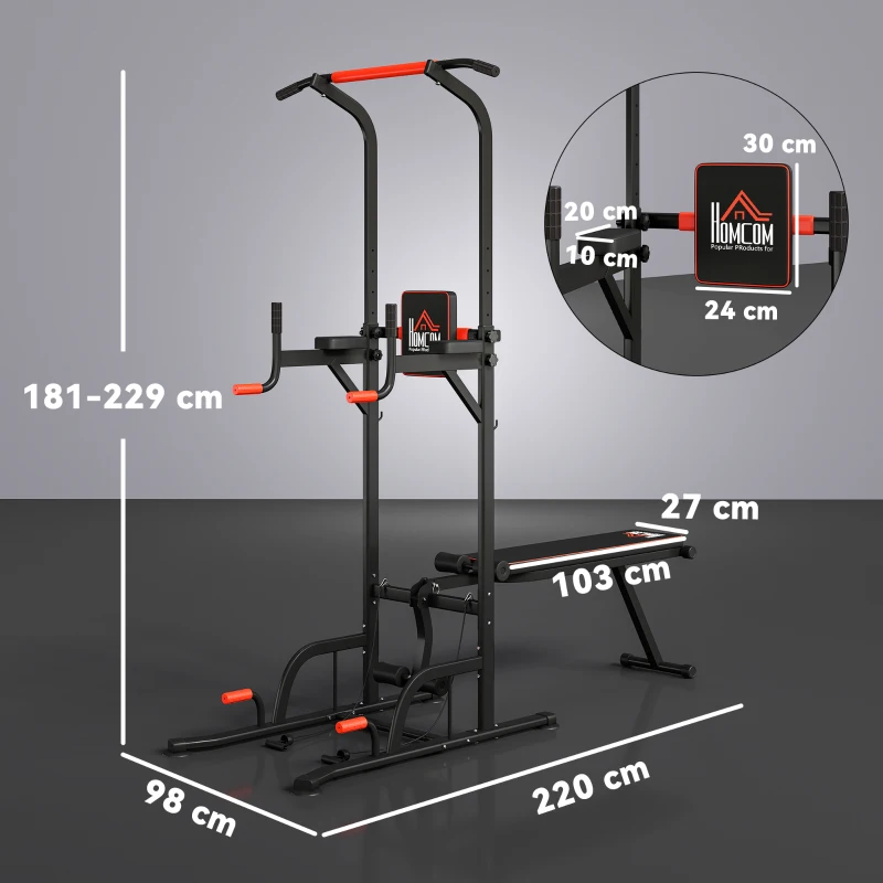 HOMCOM Torre Entrenamiento Energía Power Tower Estación Pull Up Multifuncional Ajustable en Altura con Banco Plegable Barra de Dominadas para Fitness 220x98x181-229 cm Negro