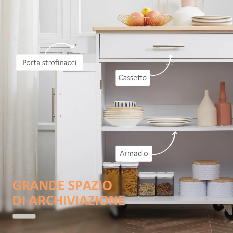 HOMCOM Carrello da Cucina con Ruote, Isola da Cucina con Cassetto, Armadio e Porta-Strofinacci, Bianco