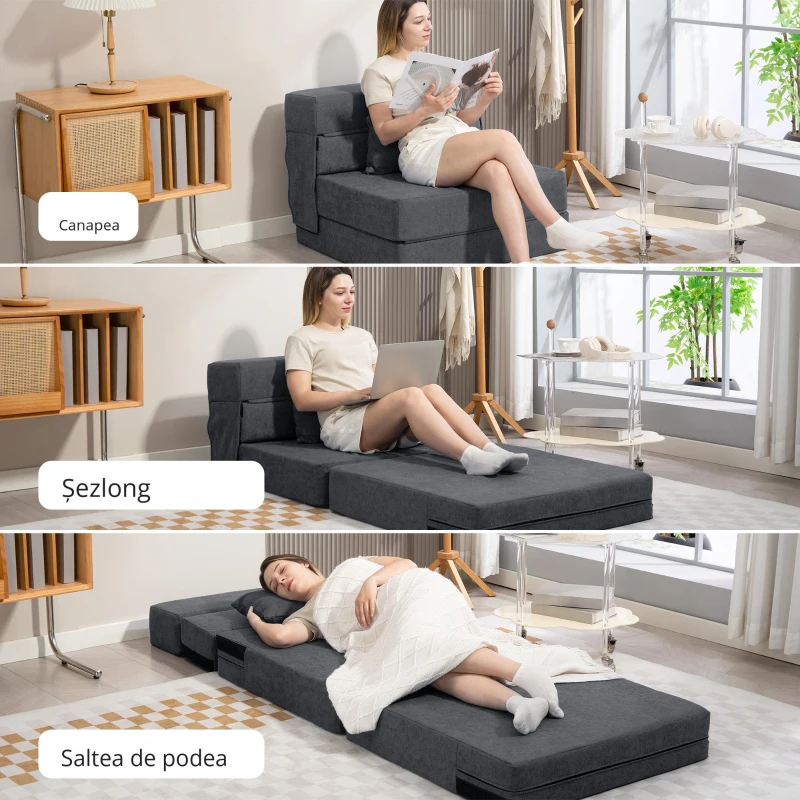 HOMCOM Fotoliu Pat Single Pliabil Modern, Fotoliu de Podea Economisitor de Spațiu Convertibil în Șezlong și Saltea, Pat pentru Sufragerie, Living și Birou, 80x80x64 cm, Gri Închis