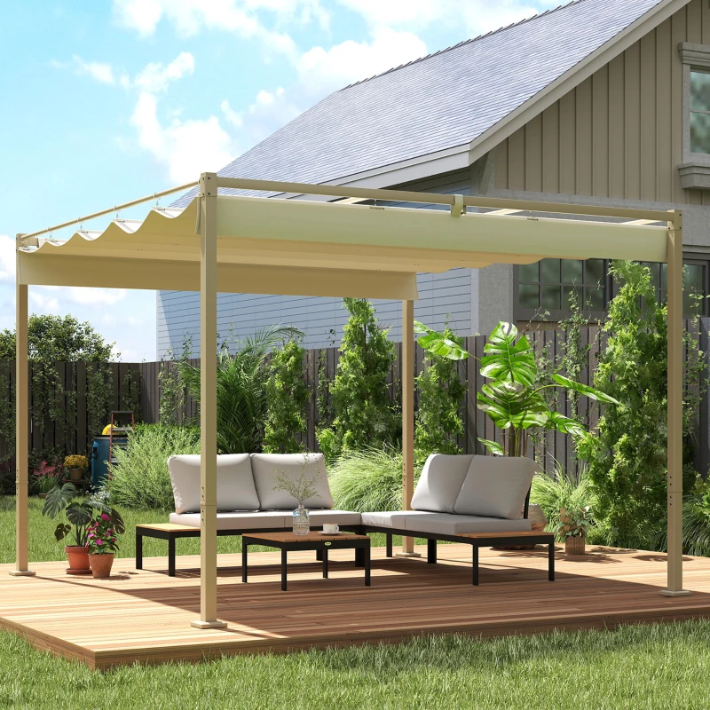 Outsunny 3 x 3 m tuinpergola met inrolbaar dak, paviljoen, luifel voor schaduw, UPF30+, Khaki