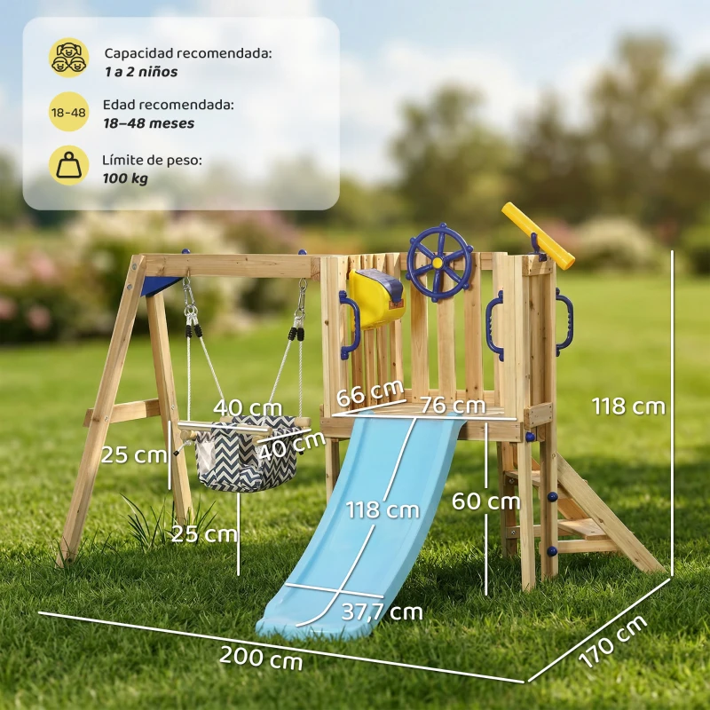 AIYAPLAY Columpio y Tobogán Infantil Exterior de Madera con Volante Telescopio para Niños de 18-48 Meses Madera Natural