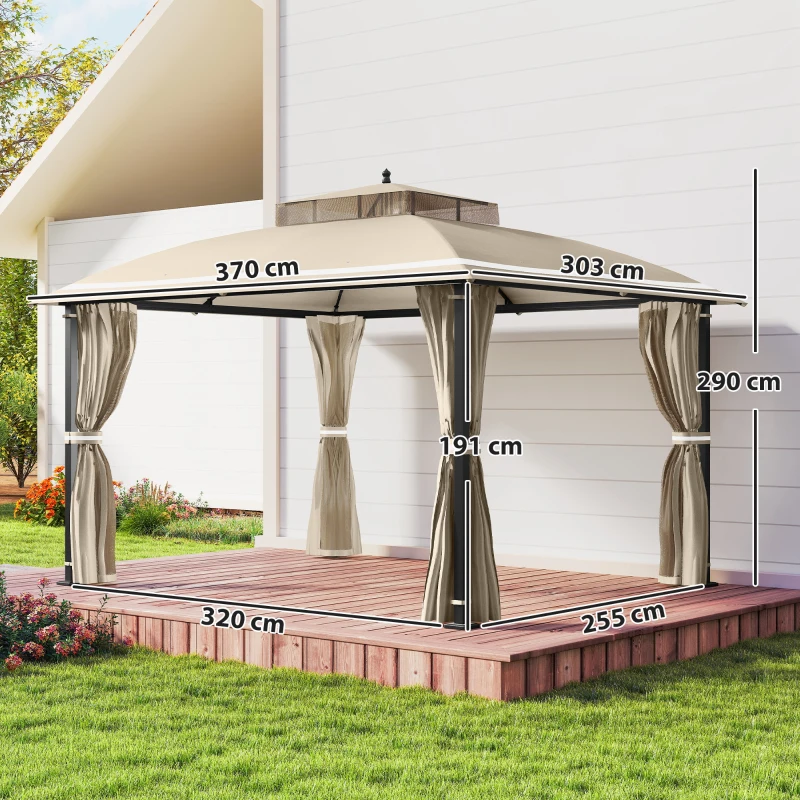 Outsunny Carpa para Jardín con Techo Doble Cenador con Mosquiteras y Cortinas para Exterior Terraza 370x303x290 cm Beige