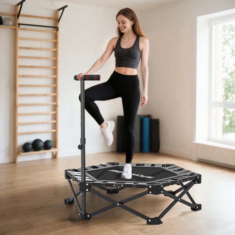 SPORTNOW Trampolín de Fitness Plegable 104 cm con Barra Ajustable en 3 Alturas Marco Metálico Reforzado y Bolsa 104x104x114 cm